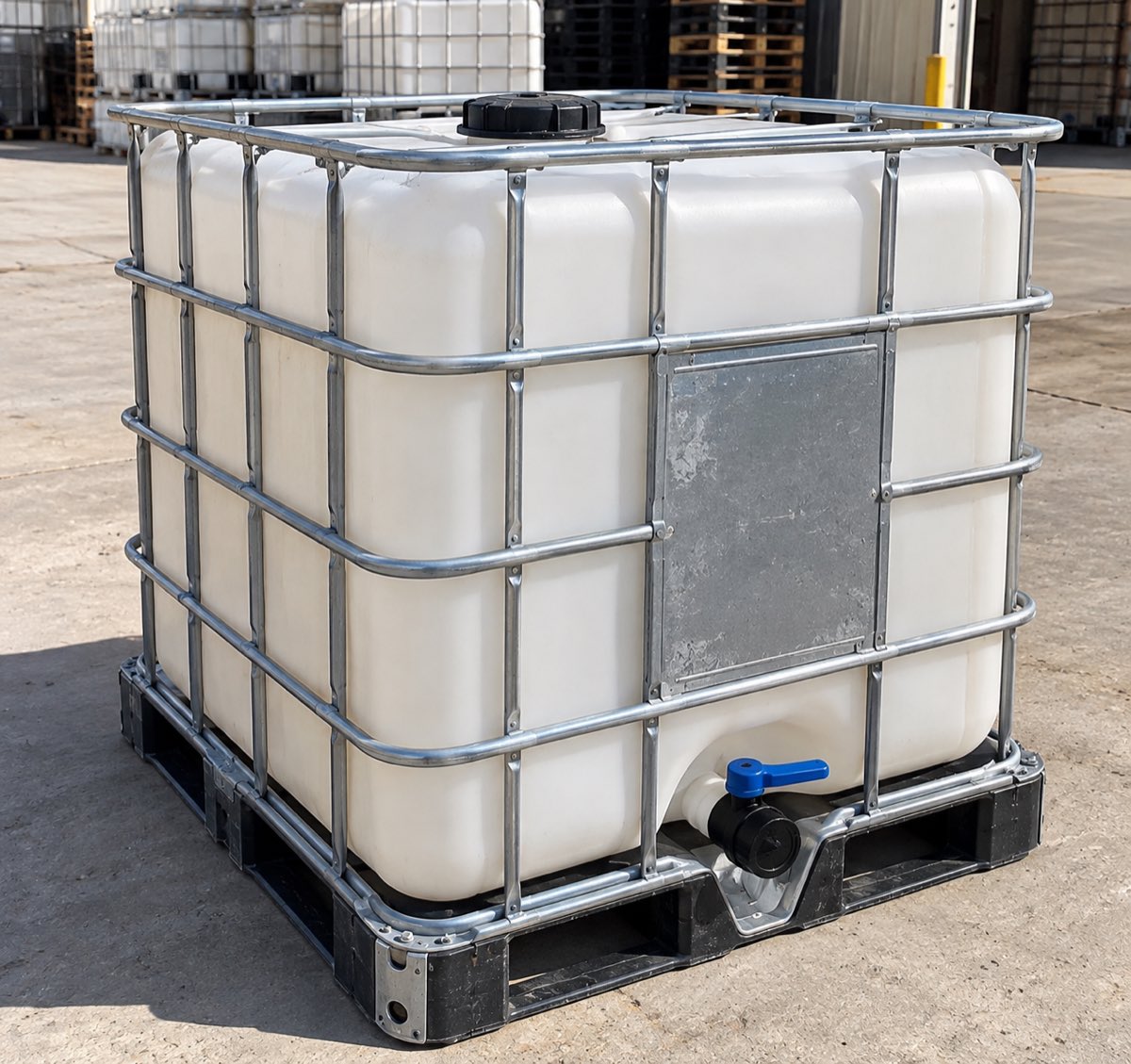 A single reconditioned 275-gallon IBC tote on a black plastic pallet: clean HDPE bottle, bright galvanised cage, new blue butterfly valve.