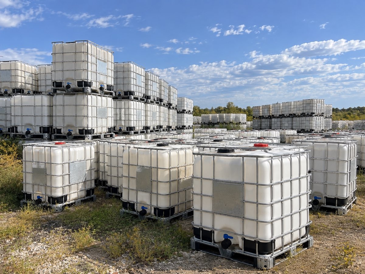 A field of IBC totes stacked two high under an open sky, stretching back to the tree line.