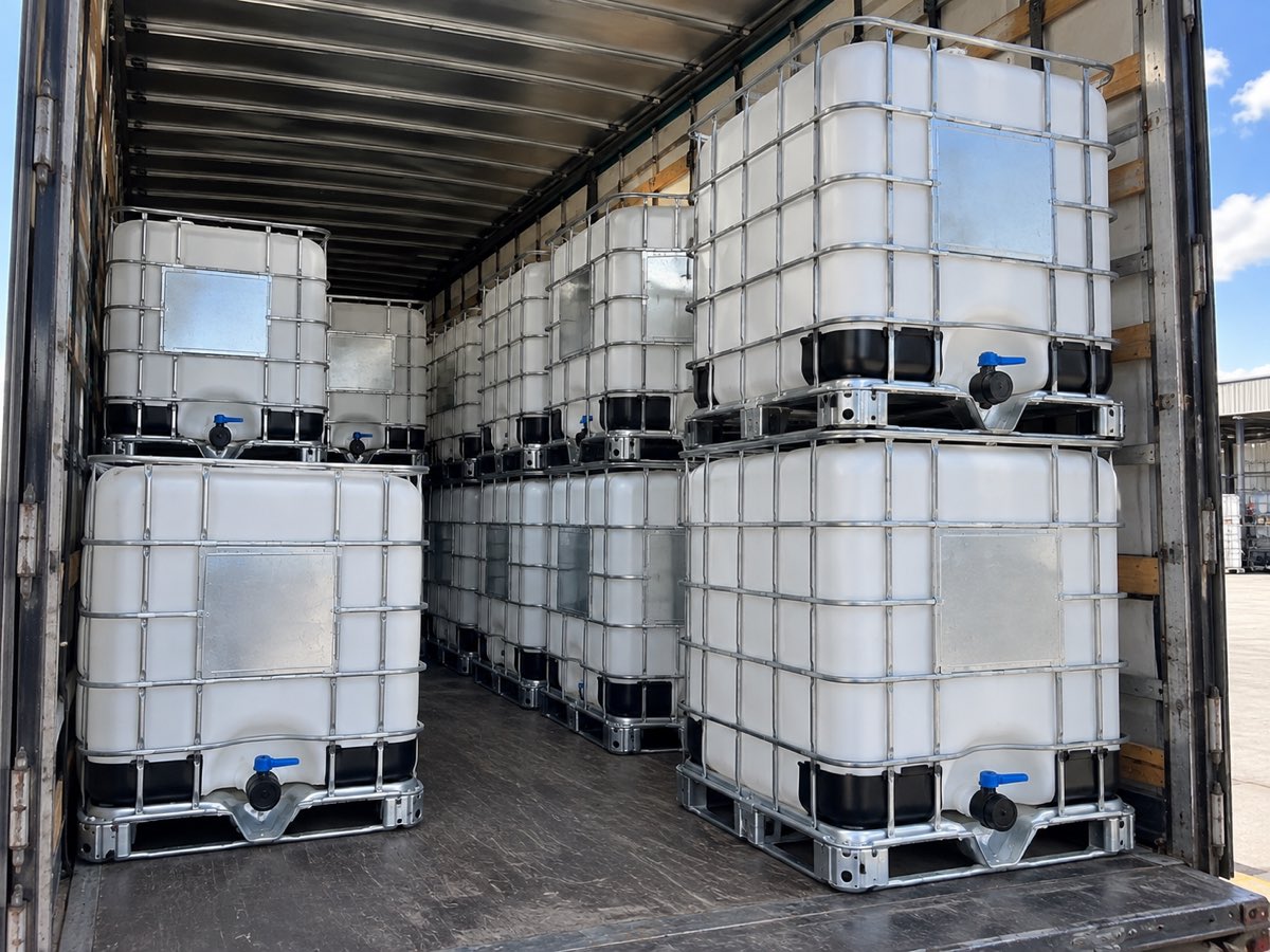 IBC totes double-stacked inside a 53-foot trailer, valves facing the aisle, loaded tight to the nose.
