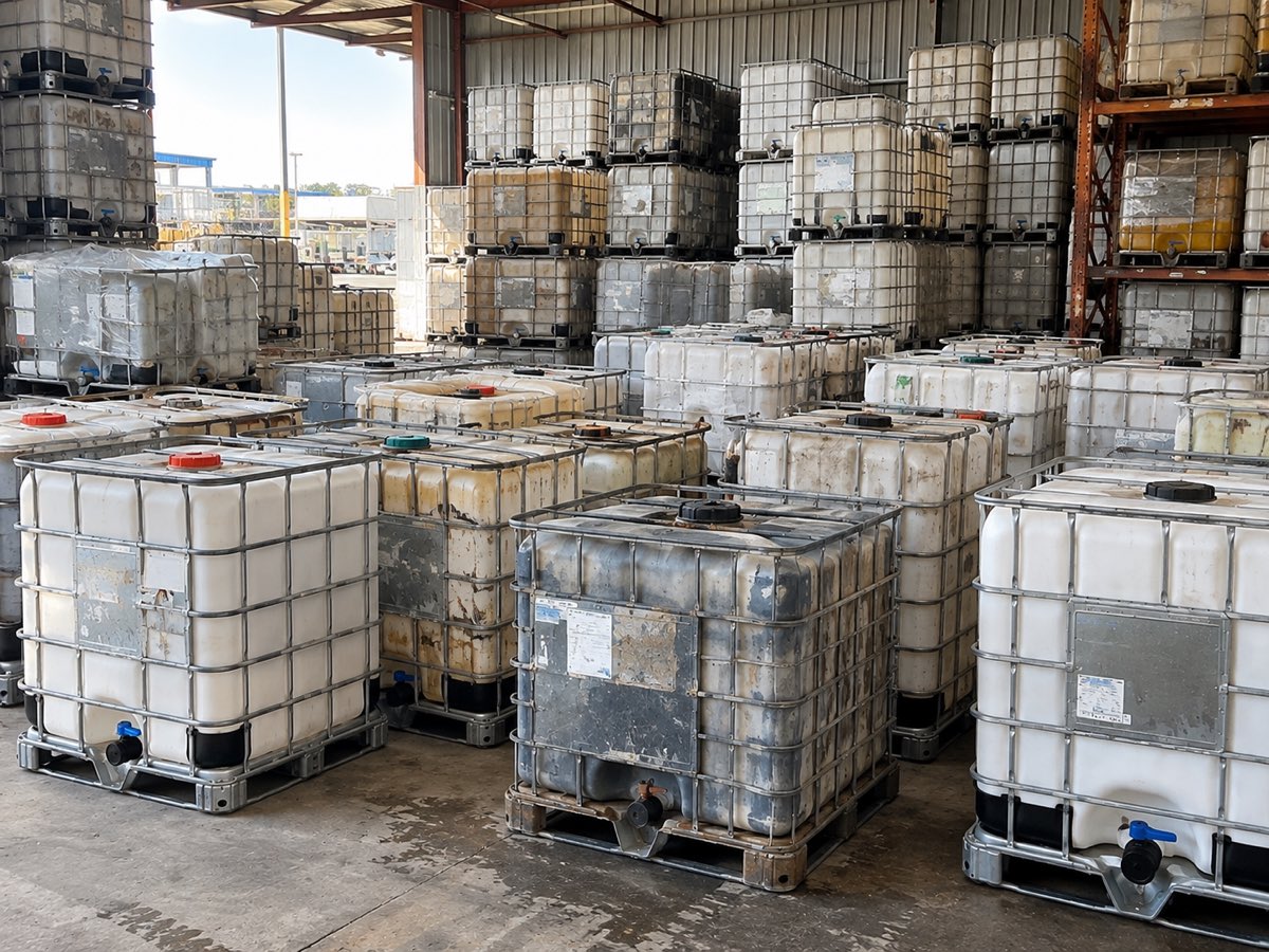 Inside the warehouse: used IBC totes on the floor and racked overhead, waiting for the wash line.