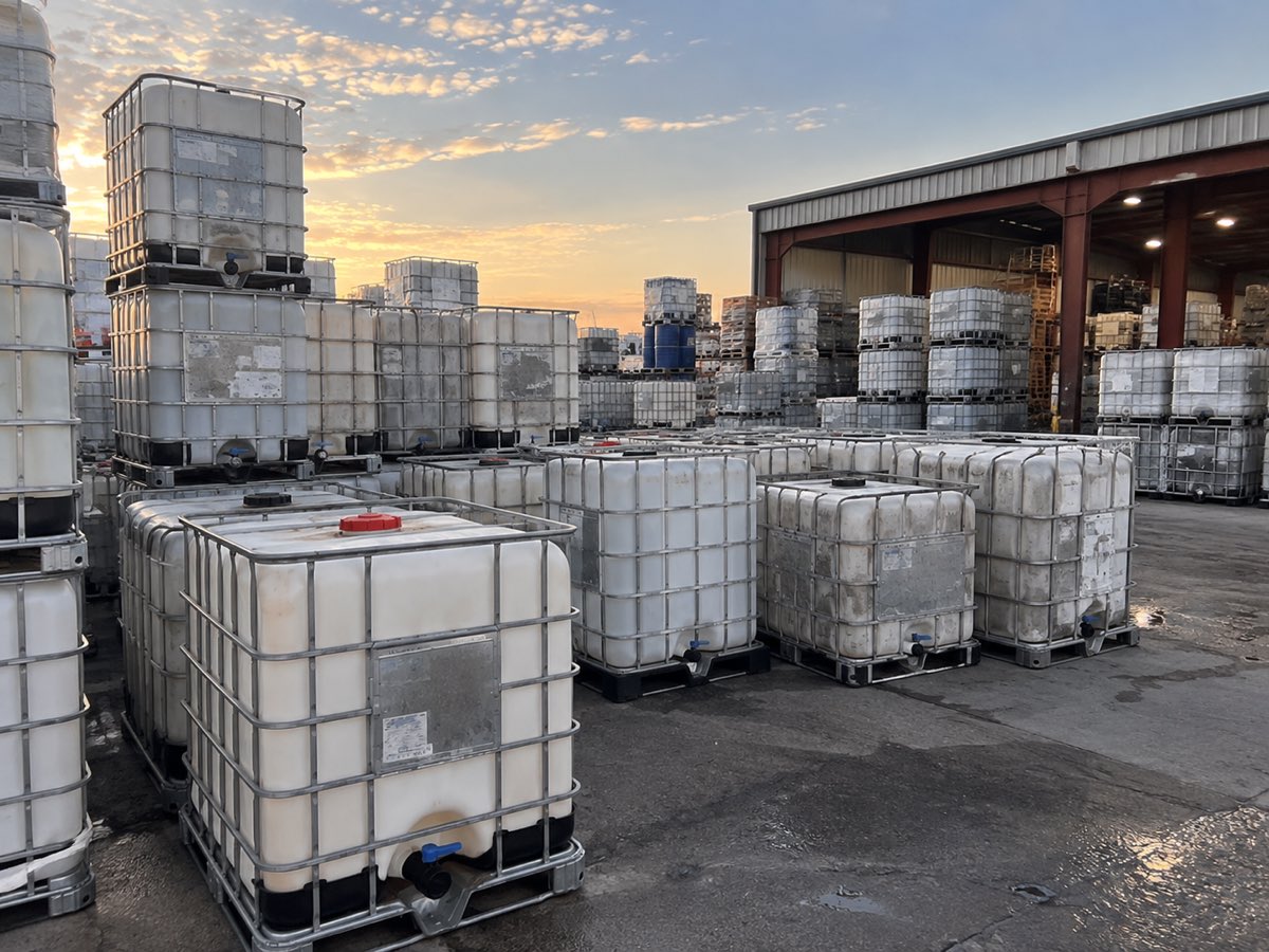 Stacks of used IBC totes two and three high in the yard at dusk, with the lit open bay of the warehouse behind them.