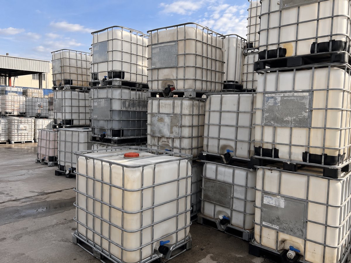 Used IBC totes of mixed condition stacked three high on the receiving apron — some rinsed white, some stained, labels still attached.